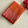 Tangerine Banarasi Silk Saree Gold Buti Magenta Border Pallu Weave