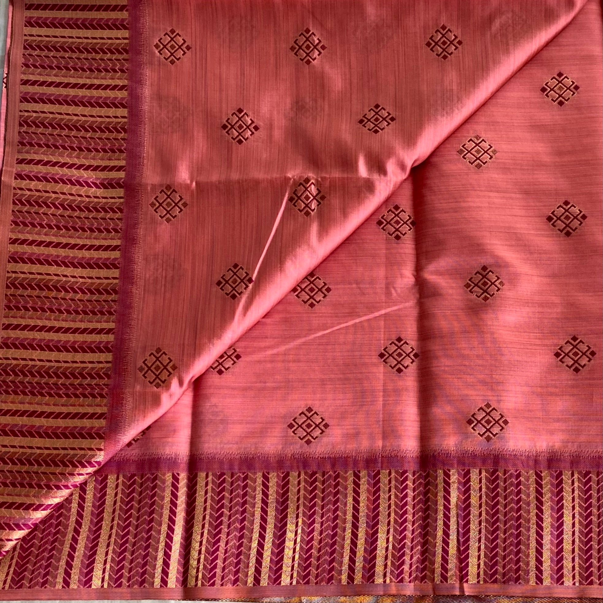 Rose Pink Silk Saree Gold Zari Magenta Chevron Pallu Tassel