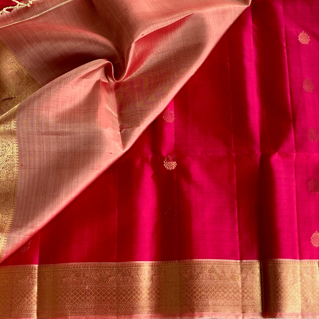 Rani Pink Designer Pure Silk Saree Peach Gold Pallu Zari Border