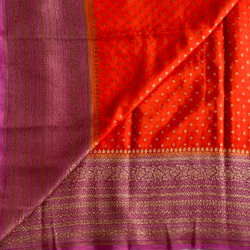 Banarasi Crepe Silk Bright Orange & Magenta Purple Saree With Pallu