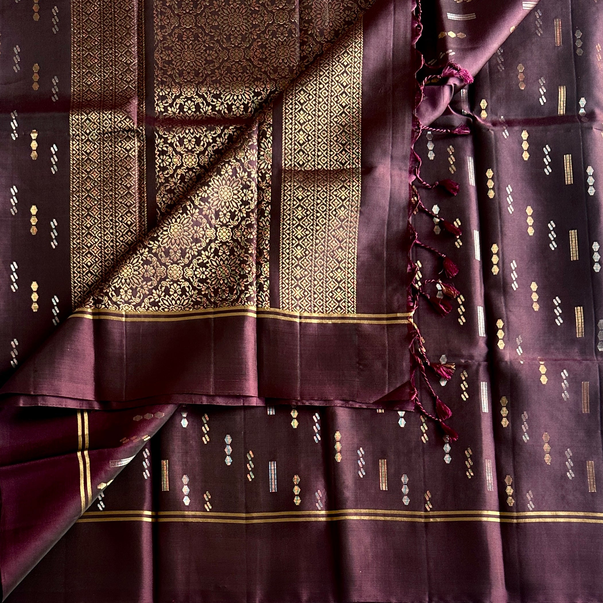 Plum Silk Zari Brocade Saree Floral Pallu And Gold Border