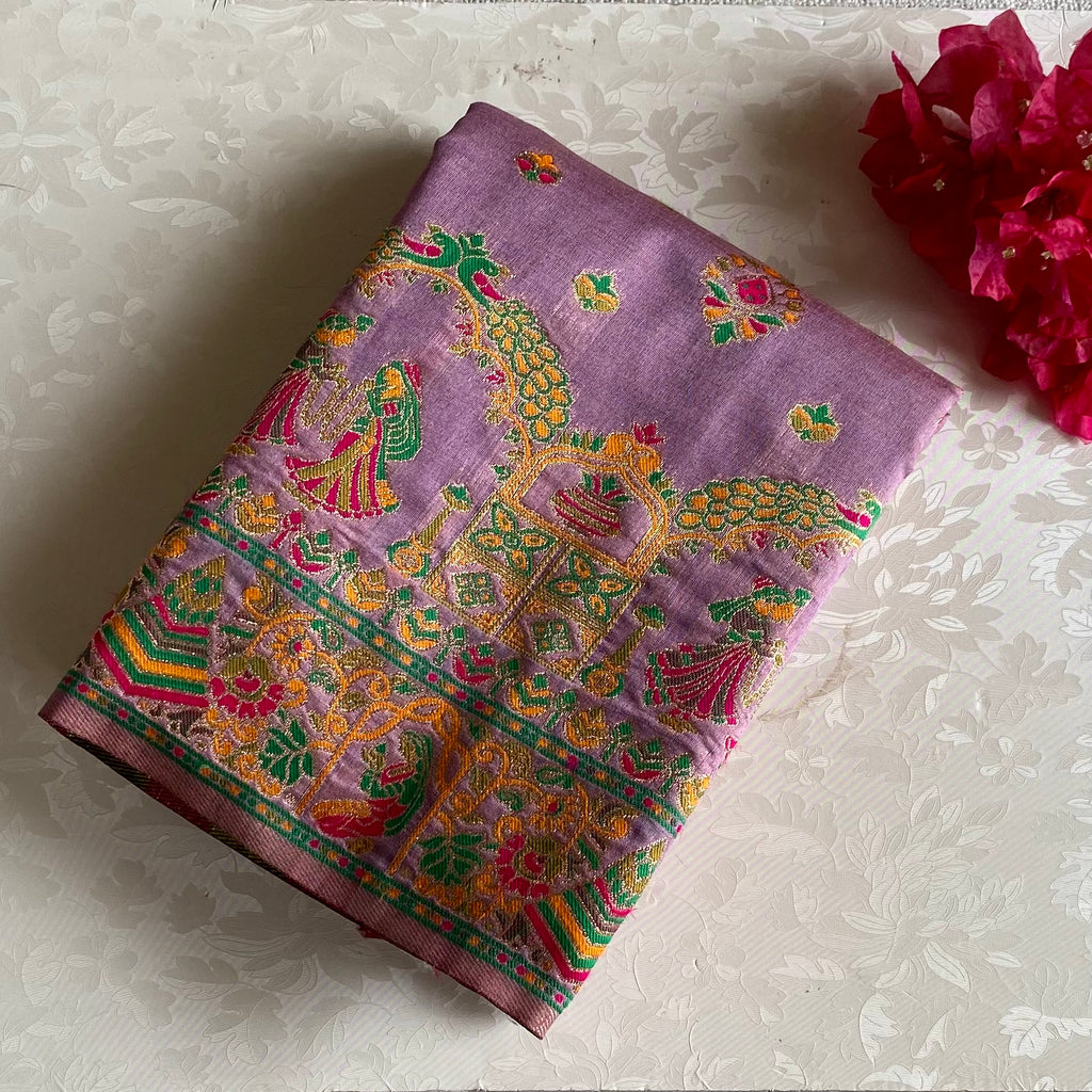Lavender Rani Pink Soft Tussar Silk Saree With Gold Zari Border