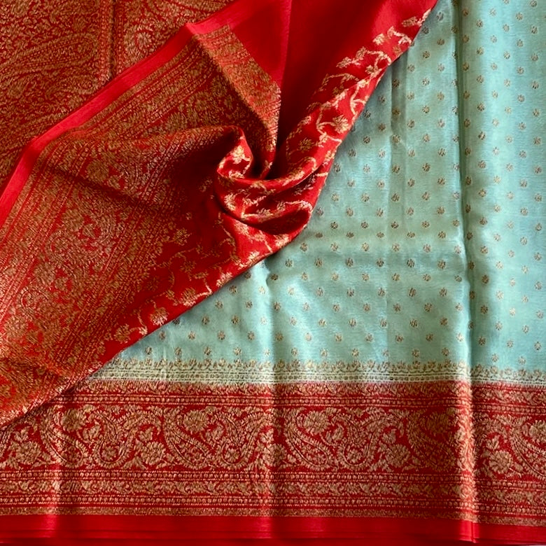 Sea Blue with Red Banarasi Soft Crepe Silk With Intricately Woven Pallu