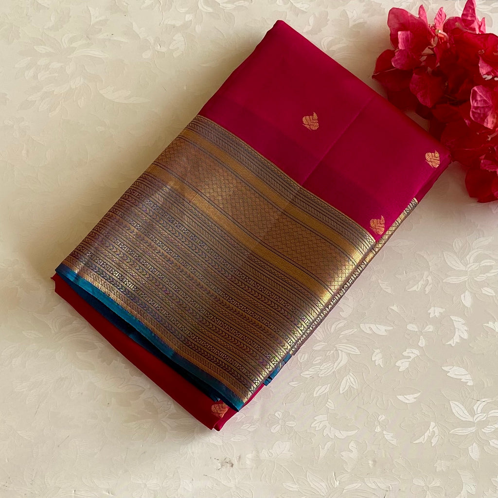 Cherry Pink Designer Pure Silk Saree With Turquoise Blue Pallu And Teal Border