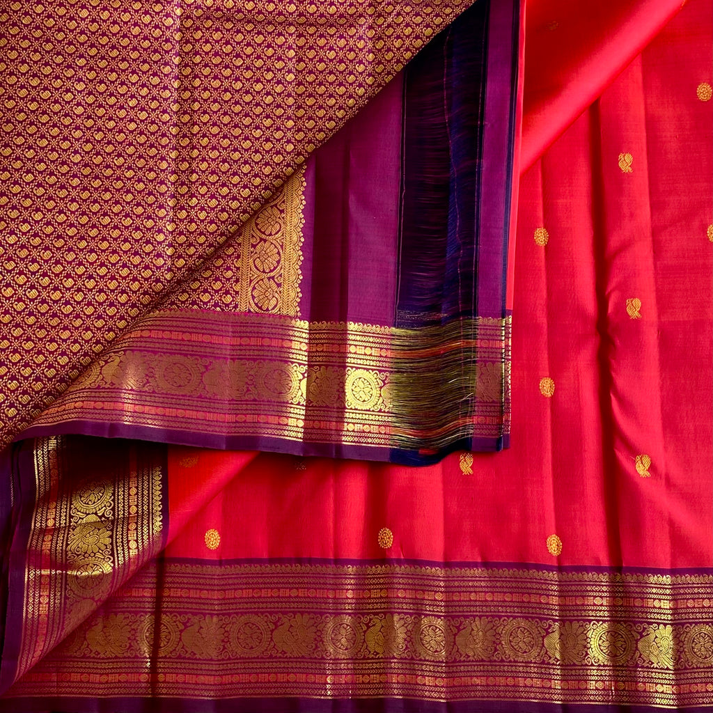 Deep Kanakambari Kanjeevaram Pure Zari Silk Saree With Rich Violet Magenta Contrast
