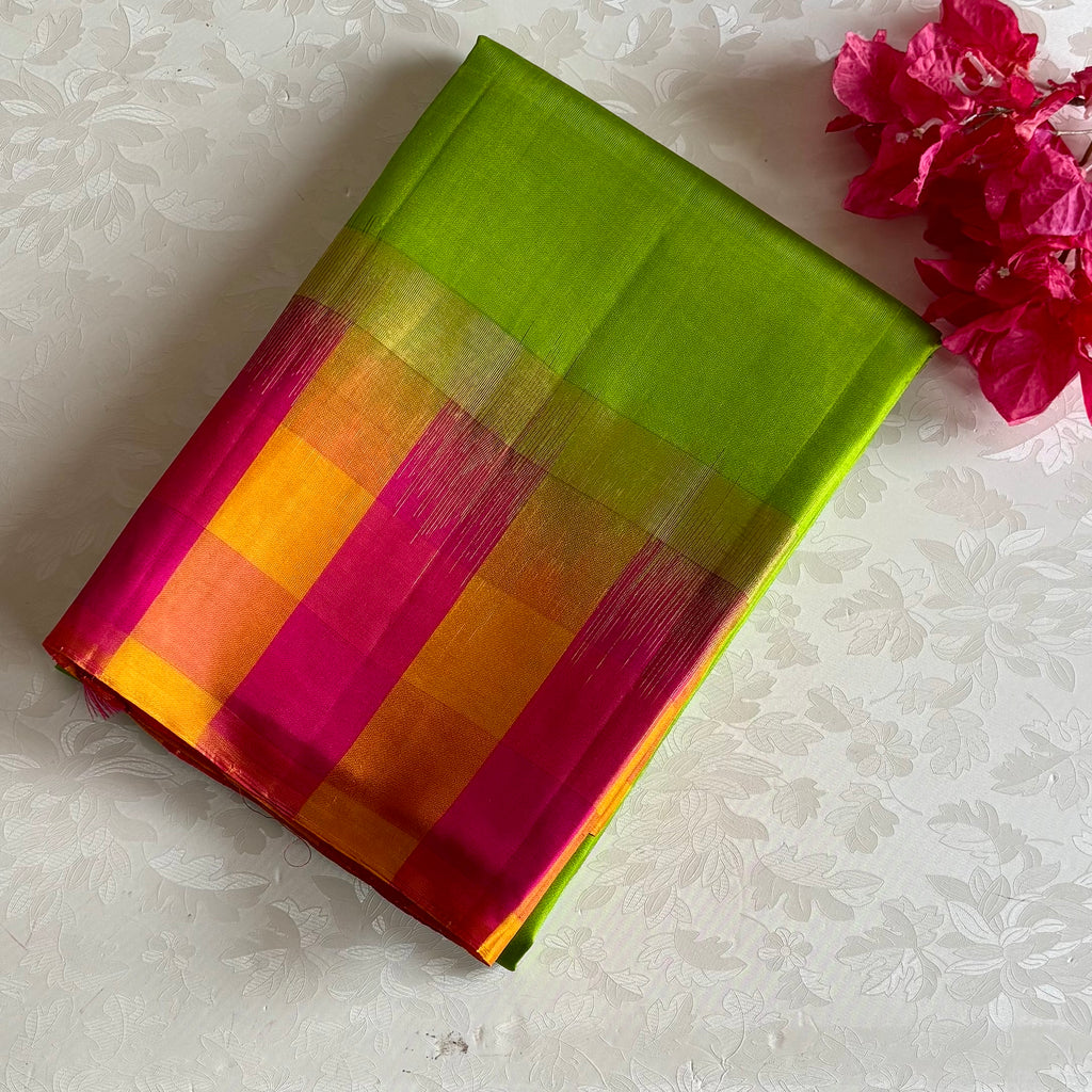 Stunner Green With Multi Checkered Borders Designer Pure Silk Saree