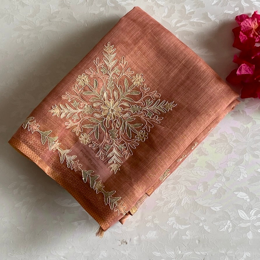Terracotta Rust Soft Embroidered Linen Saree With Antique Gold Leaf Border
