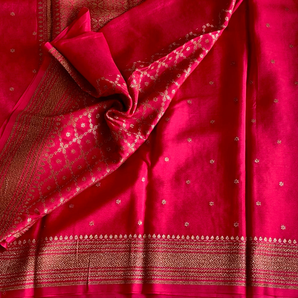 Rani Pink Banarasi Crepe Silk Saree With Antique Gold Pallu