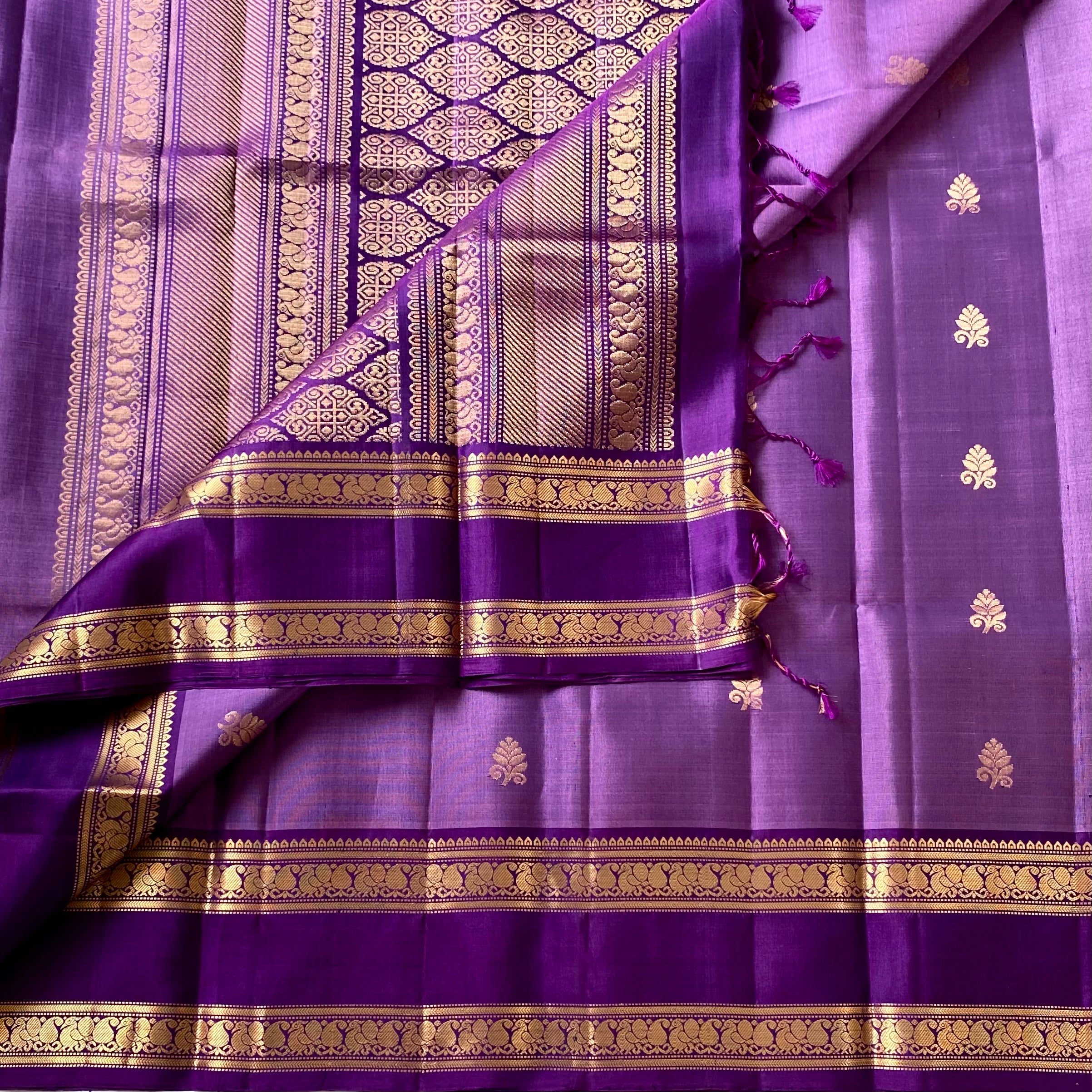 Royal Purple Silk Saree With Gold Brocade And Floral Border