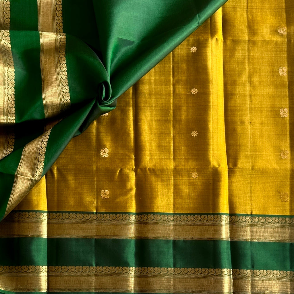 Deep Teal Gold Zari Floral Saree with Mustard Border