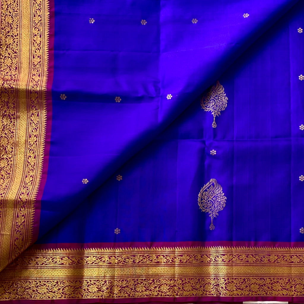 Cobalt Blue Silk Saree Fuchsia Pallu Gold Brocade Paisley Wedding