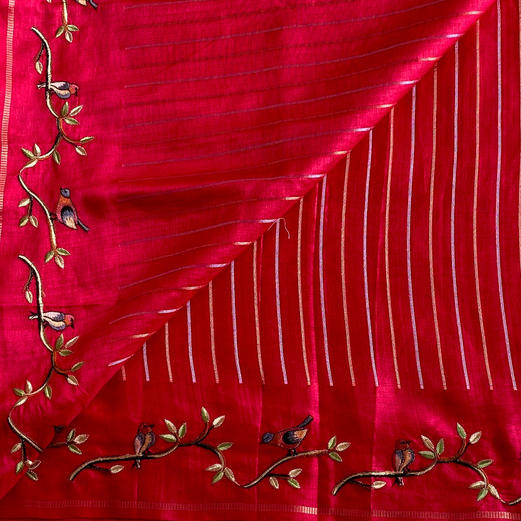 Rani Pink Soft Tussar With Stripes & Designer Embroidered Borders