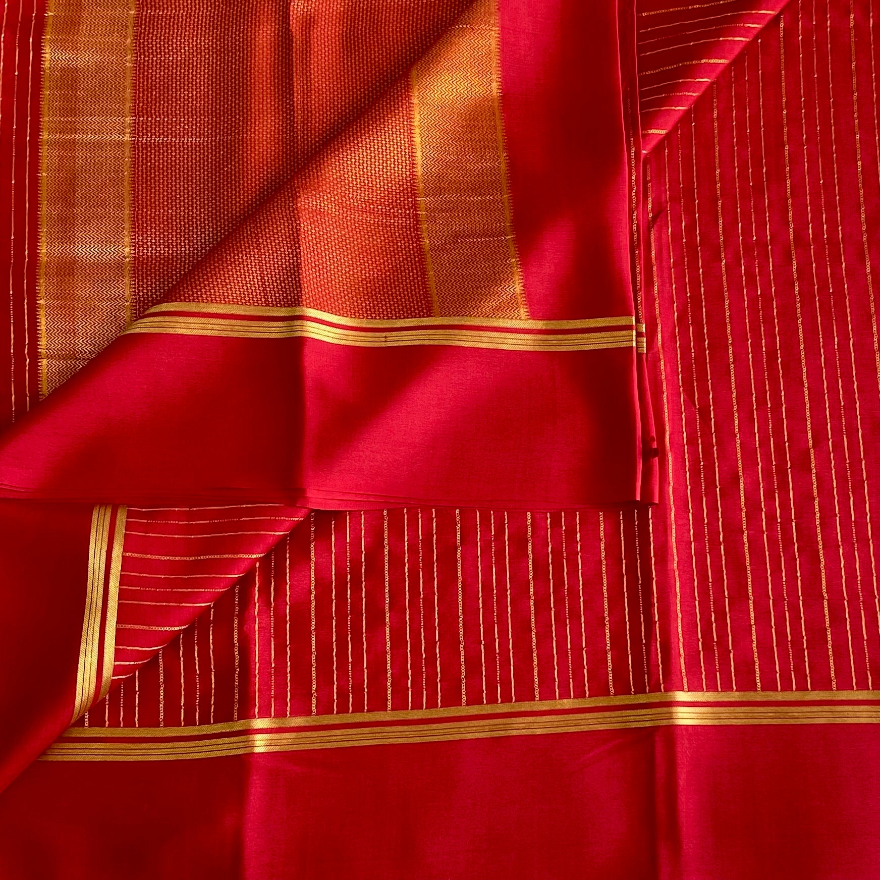 Crimson Red Mysore Crepe Silk Saree With Metallic Gold Stripes