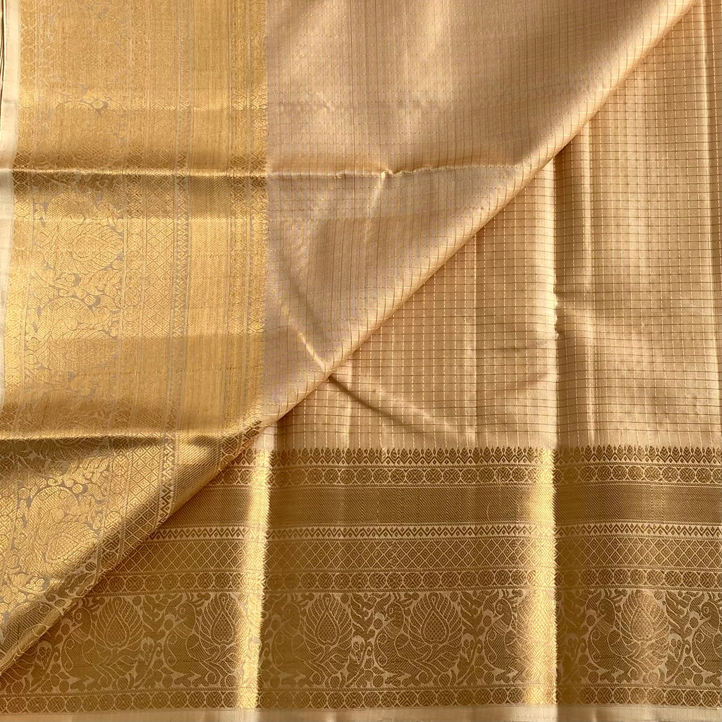 Micro Checkered Champagne Beige Designer Pure Silk Saree With Antique Gold Pallu