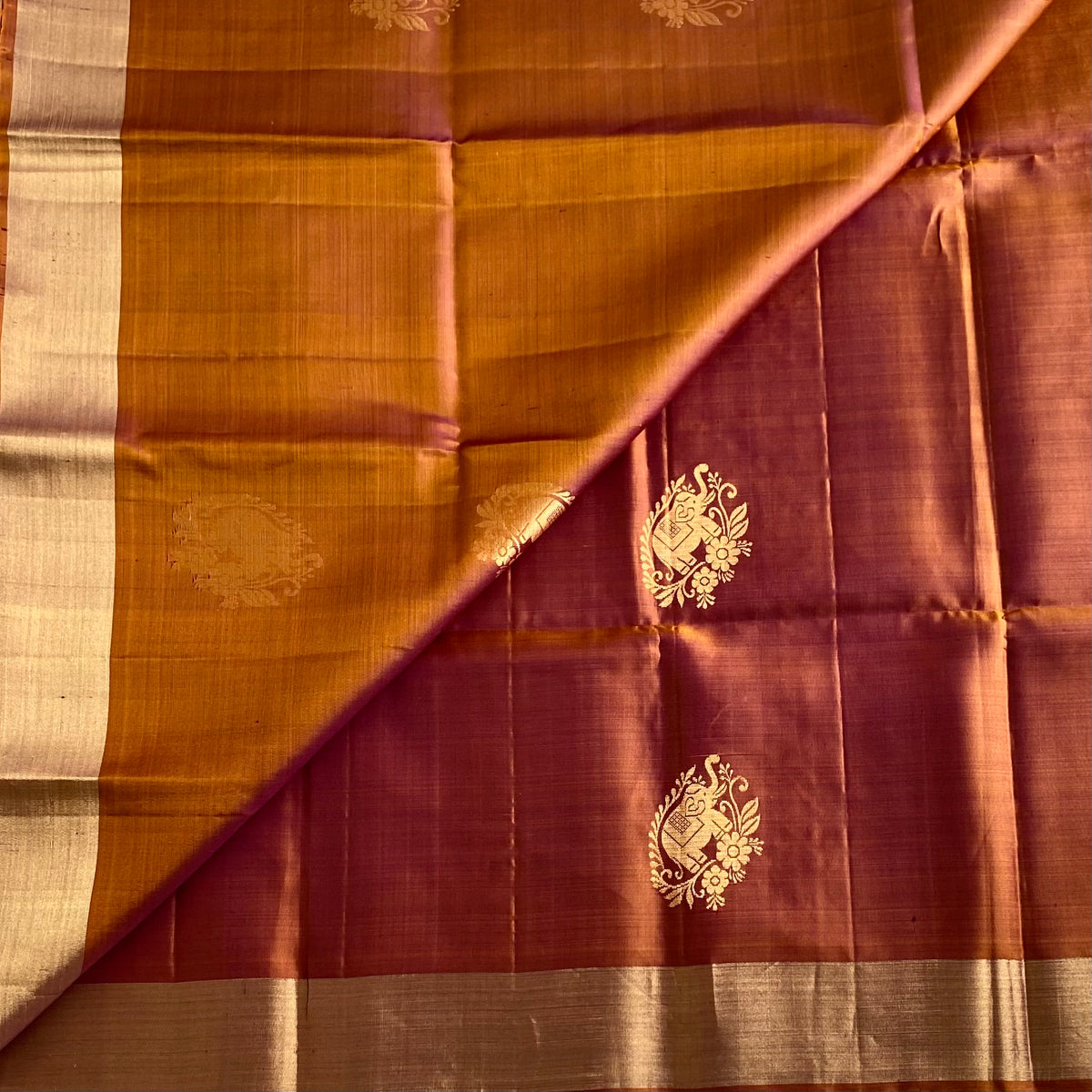 Rare Rust Designer Pure Silk Saree With Turquoise Green Pallu Gold Buta