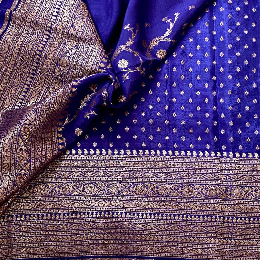 Royal Blue Gold Brocade saree with Heavy Zari Border Elegant