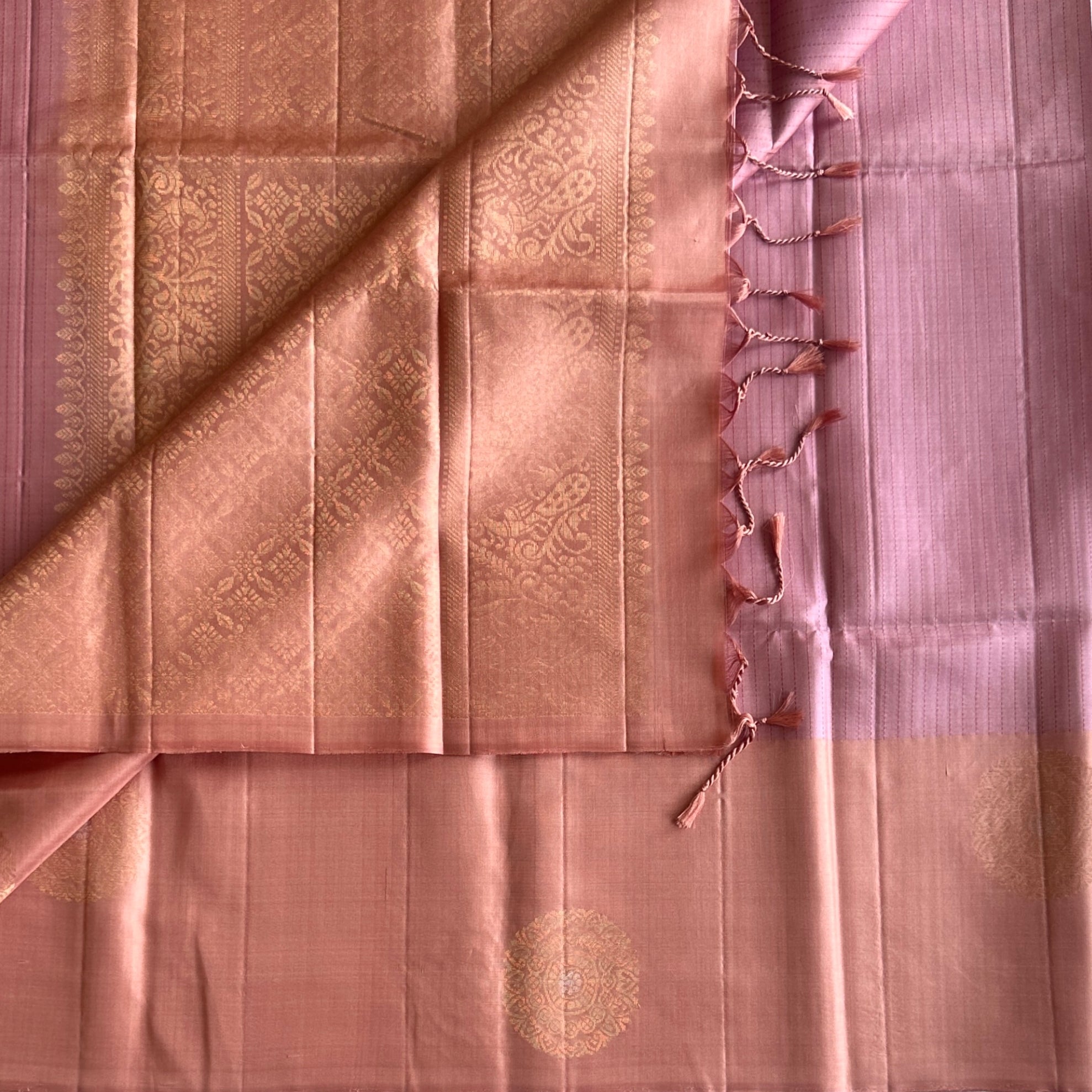 Dusty Rose Silk Brocade Saree Antique Gold Floral Zari Work