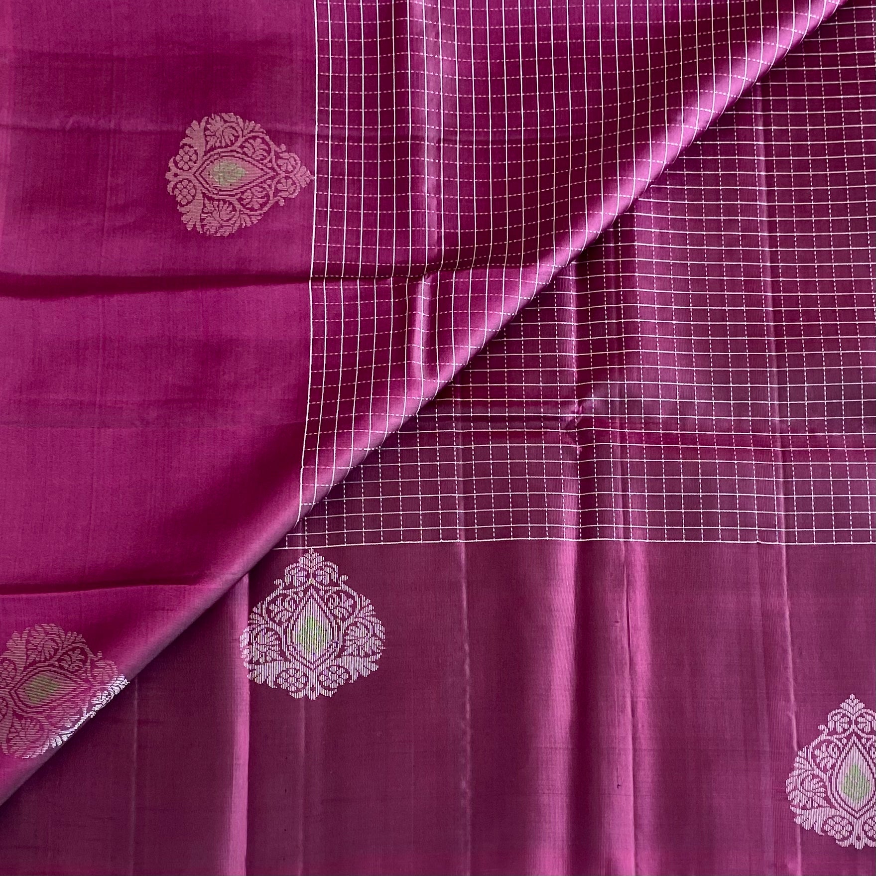 Burgundy Designer Pure Silk Checkered With Antique silver Motifs