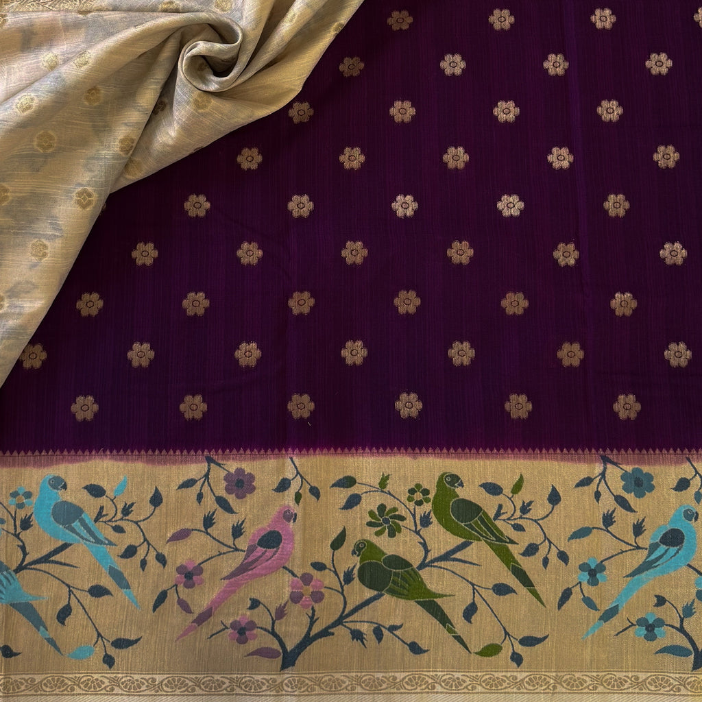 Plum Silk Saree Cream Bird Gold Zari Border Tassel Pallu