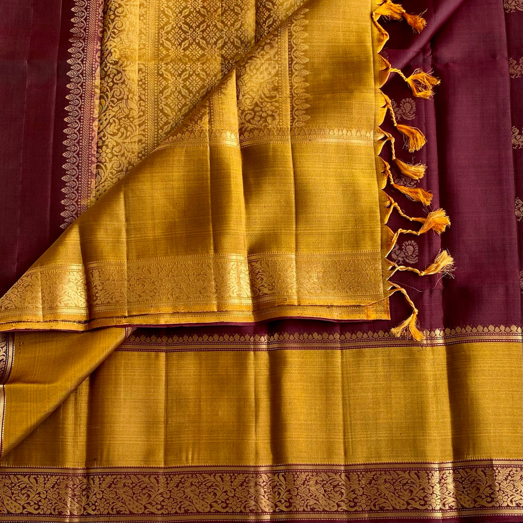 Wine Brown Designer Handwoven Pure Silk with Jaggery Gold Contrast