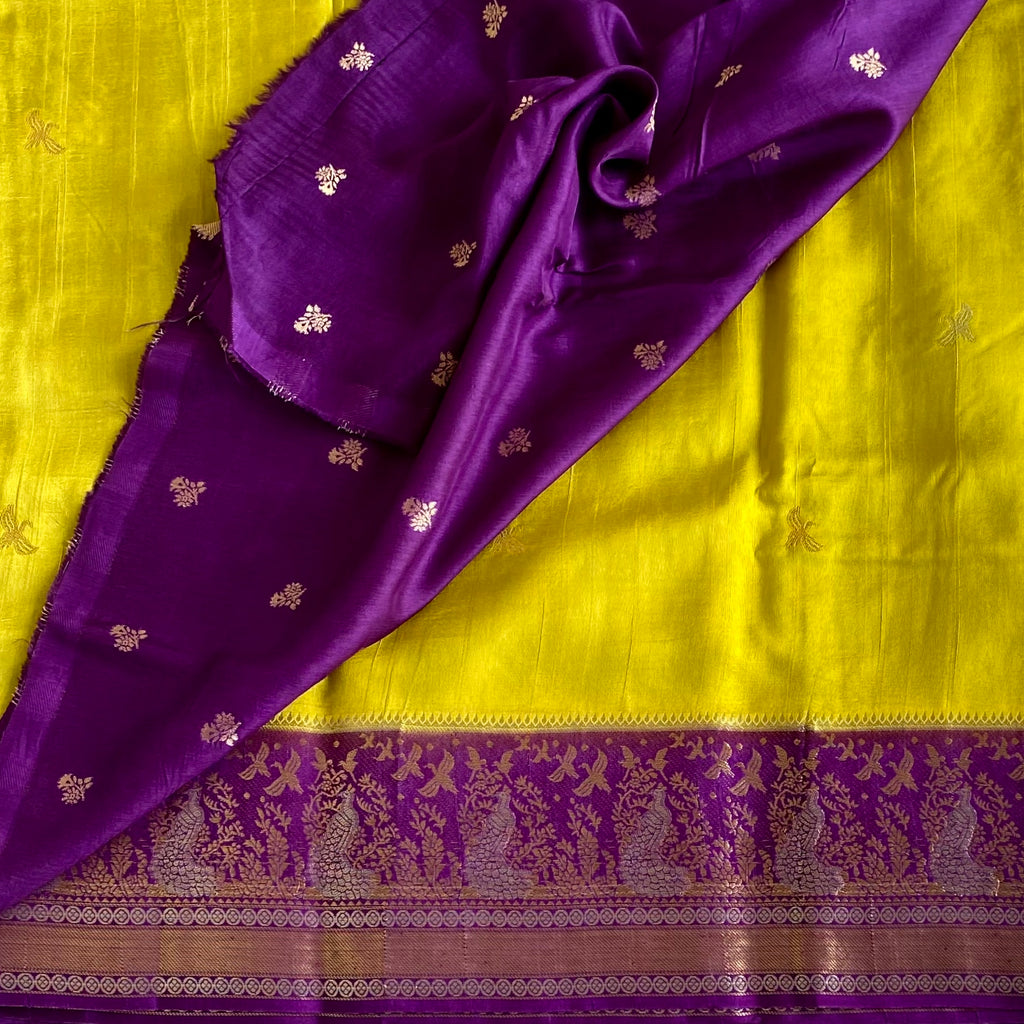 Soft Tussar Silk Lime Yellow Saree With Royal Purple Pallu