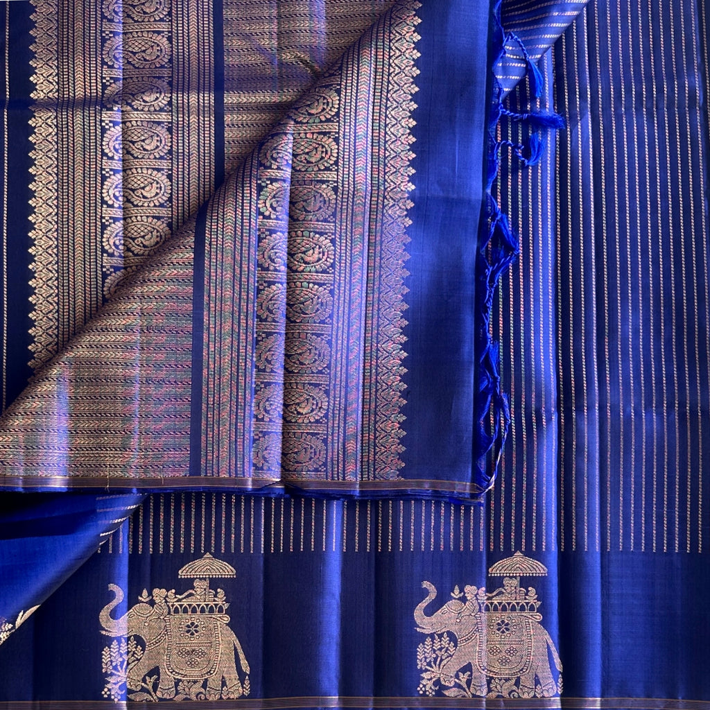 Traditional Royal Blue Saree Antique Gold Elephant Border Brocade Pallu