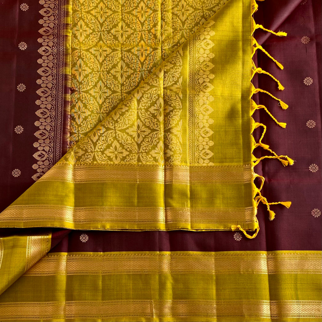 Chocolate Wine Designer Pure Silk Saree With Olive Green Contrast