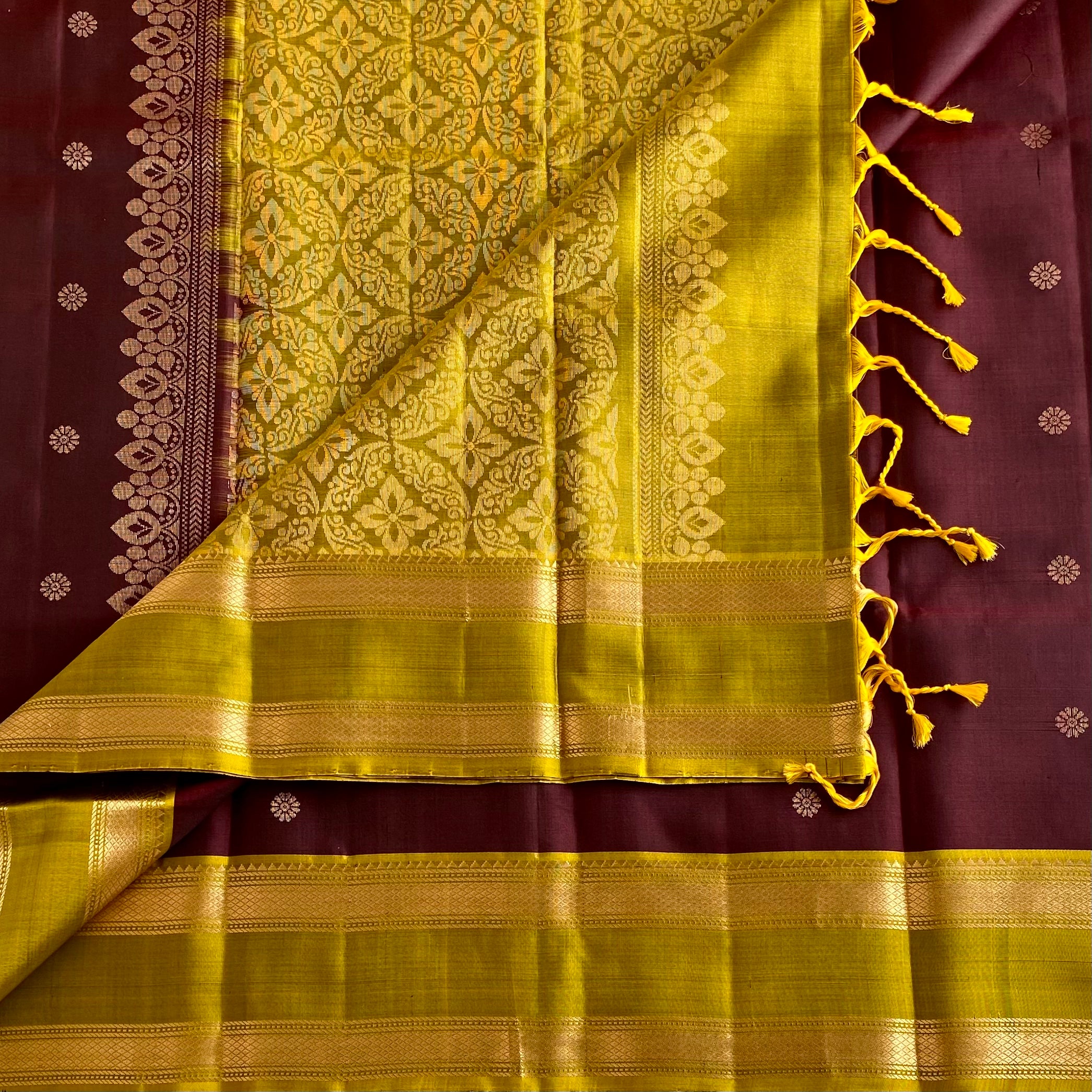 Chocolate Wine Designer Pure Silk Saree With Olive Green Contrast