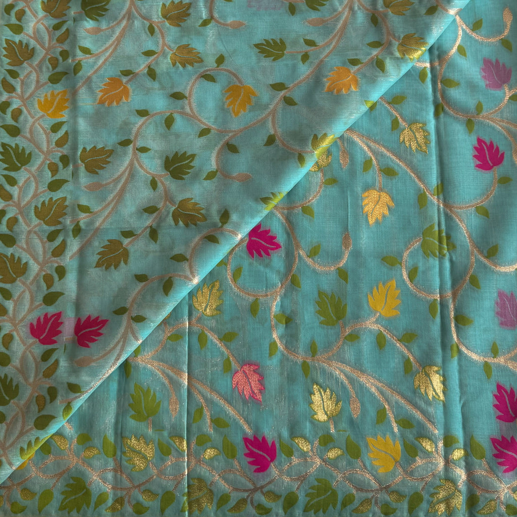 Turquoise Floral Zari Saree with Tassel Pallu Festive Wear