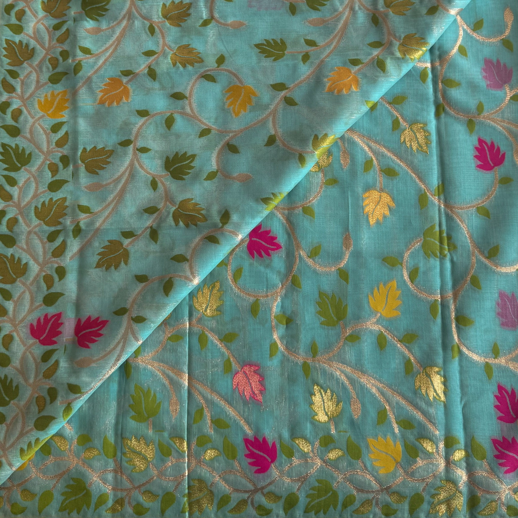 Turquoise Floral Zari Saree with Tassel Pallu Festive Wear