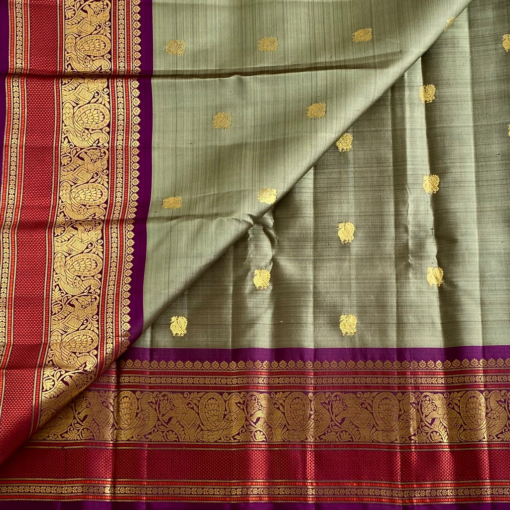Sage Green Kanjeevaram Pure Zari Silk Saree With Royal Purple Pallu