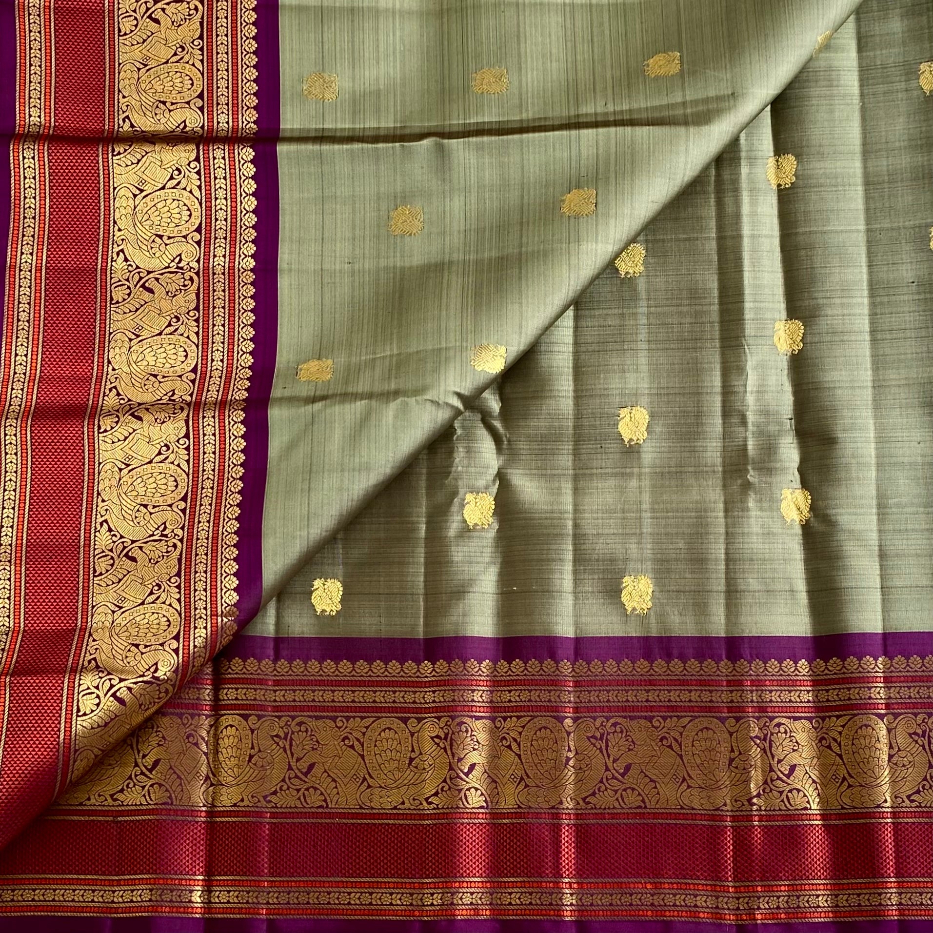 Sage Green Kanjeevaram Pure Zari Silk Saree With Royal Purple Pallu