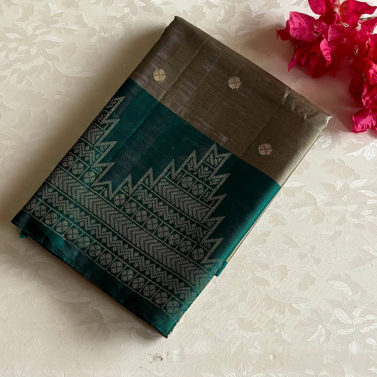 Taupe Grey Designer Pure Silk Saree With Teal Zari Pallu