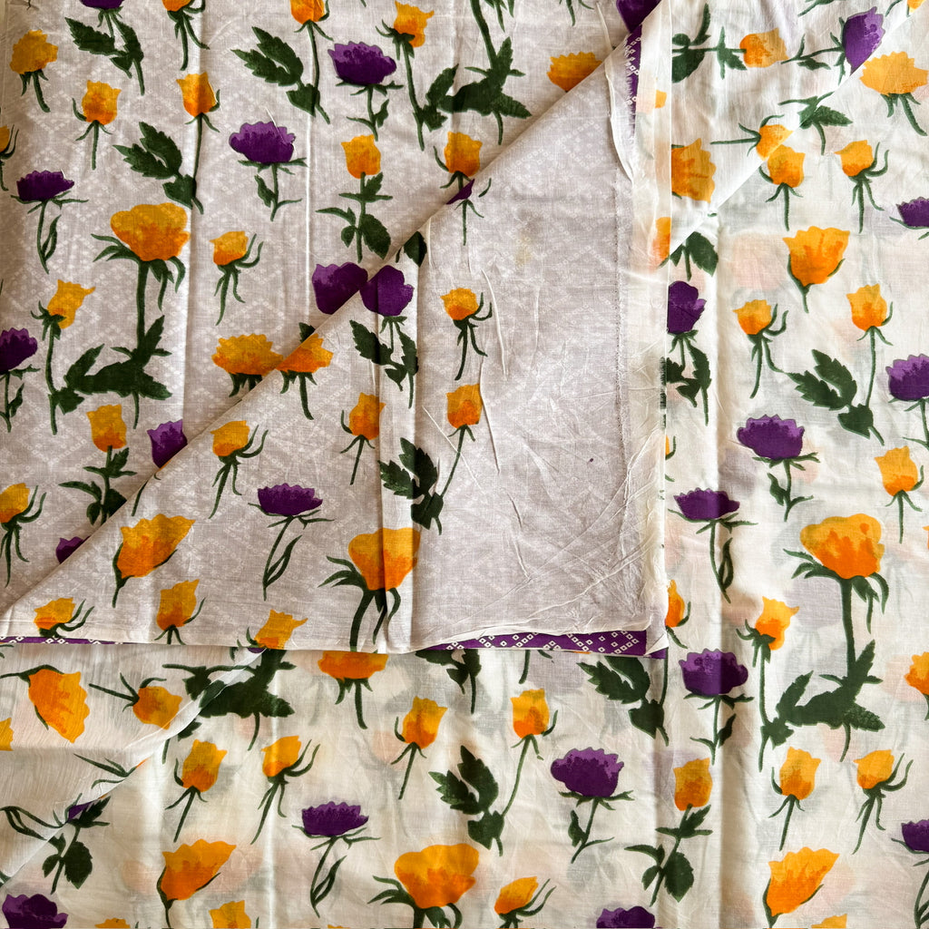 Pale Grey Floral Cotton Saree Mustard Purple Diamond Pallu Lightweight