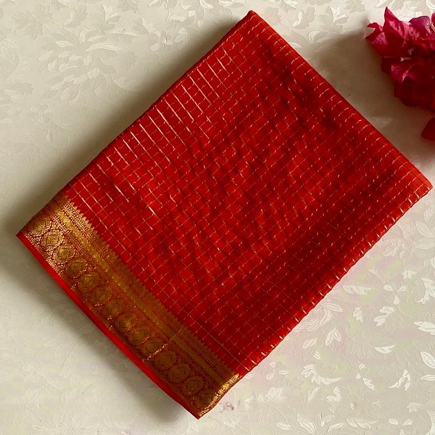 Rosso Red Mysore Crepe Silk Saree With Antique Gold Border
