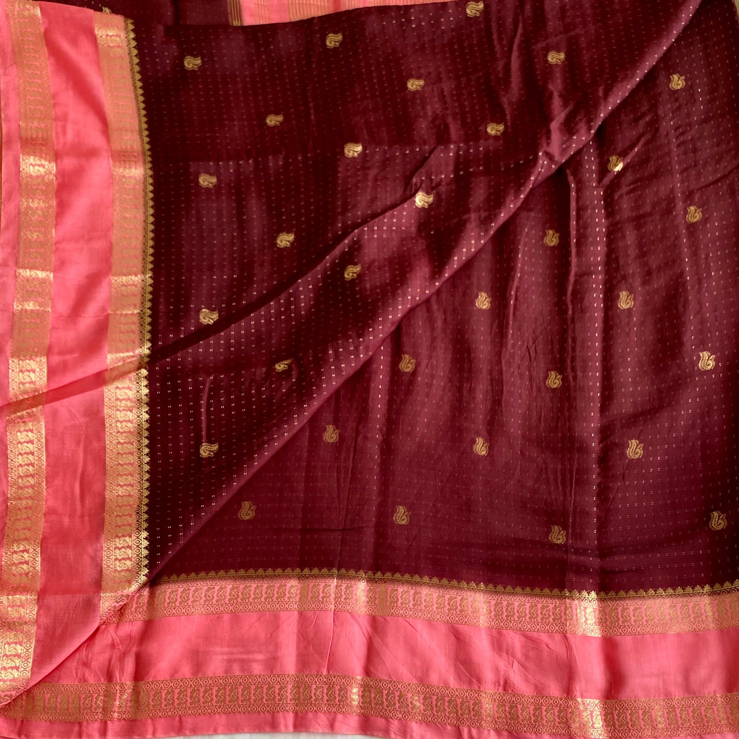 Deep Maroon Soft Tussar Silk Saree With Coral Pink Pallu