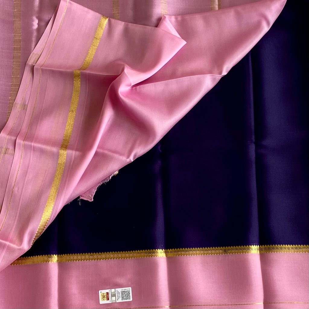 Deep Navy Lightweight Mysore Crepe Silk Saree With Pastel Pink Border