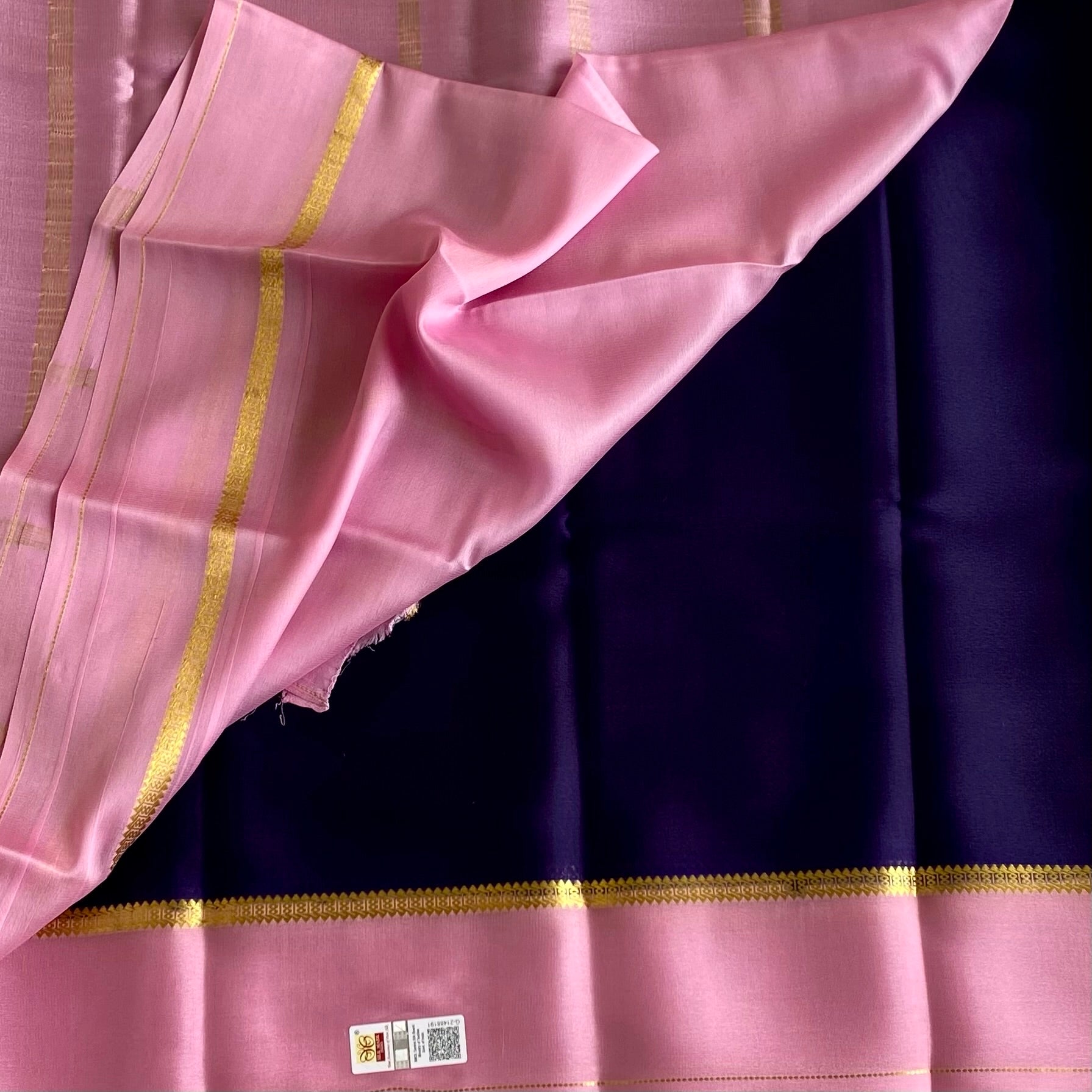 Deep Navy Lightweight Mysore Crepe Silk Saree With Pastel Pink Border