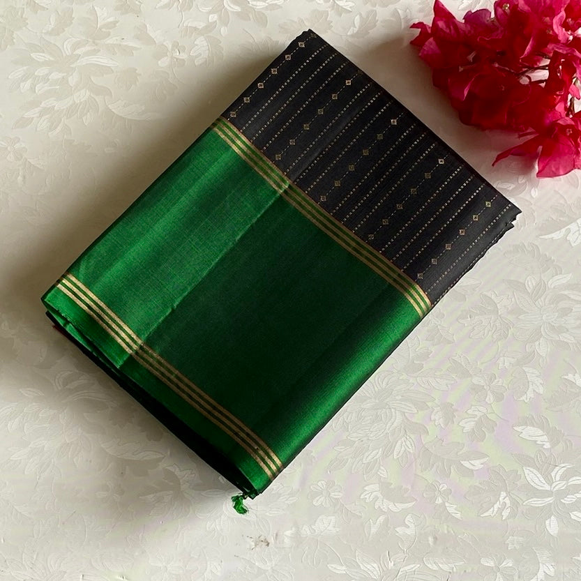 Jet Black Twilight Zari with Emerald Green Designer Pure Silk