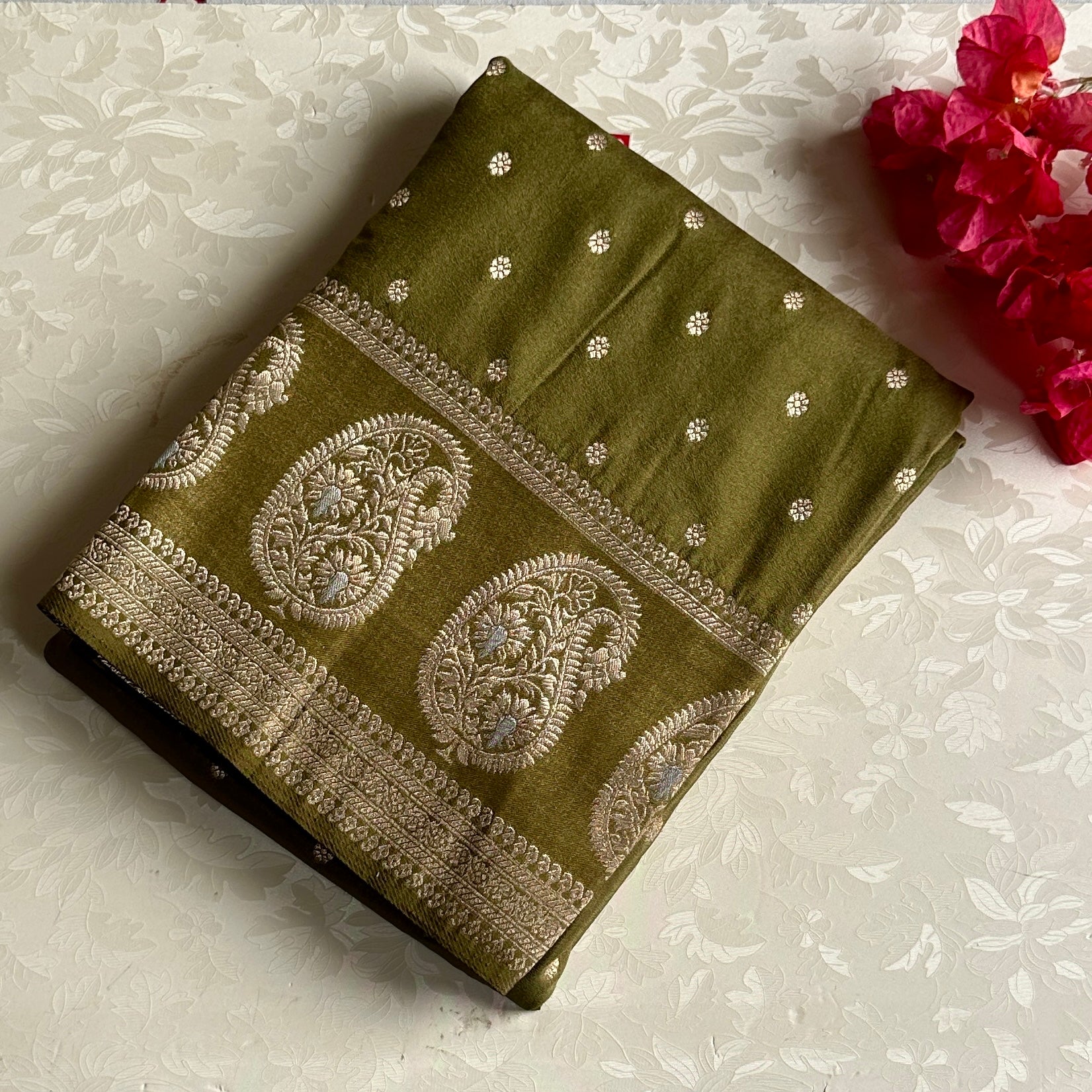Olive Green Banarasi Style Saree Champagne Pallu Antique Gold Zari