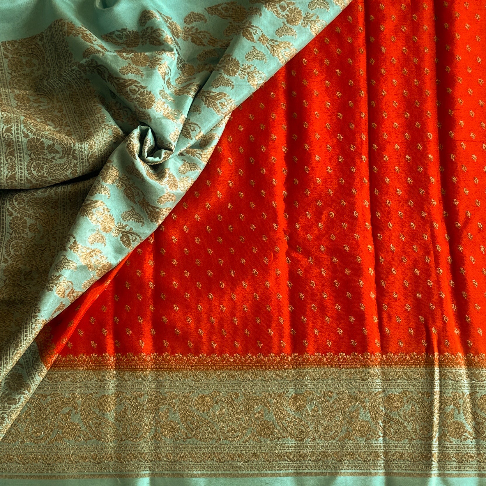 Sunset Orange with aqua blue soft crepe Banarasi with buttas
