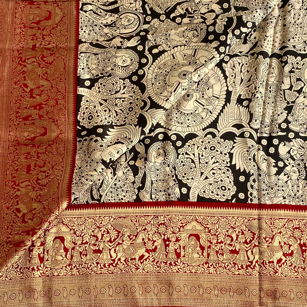 Jet Black Kalamkari Premium Soft Tussar Silk Saree With Maroon Red Pallu