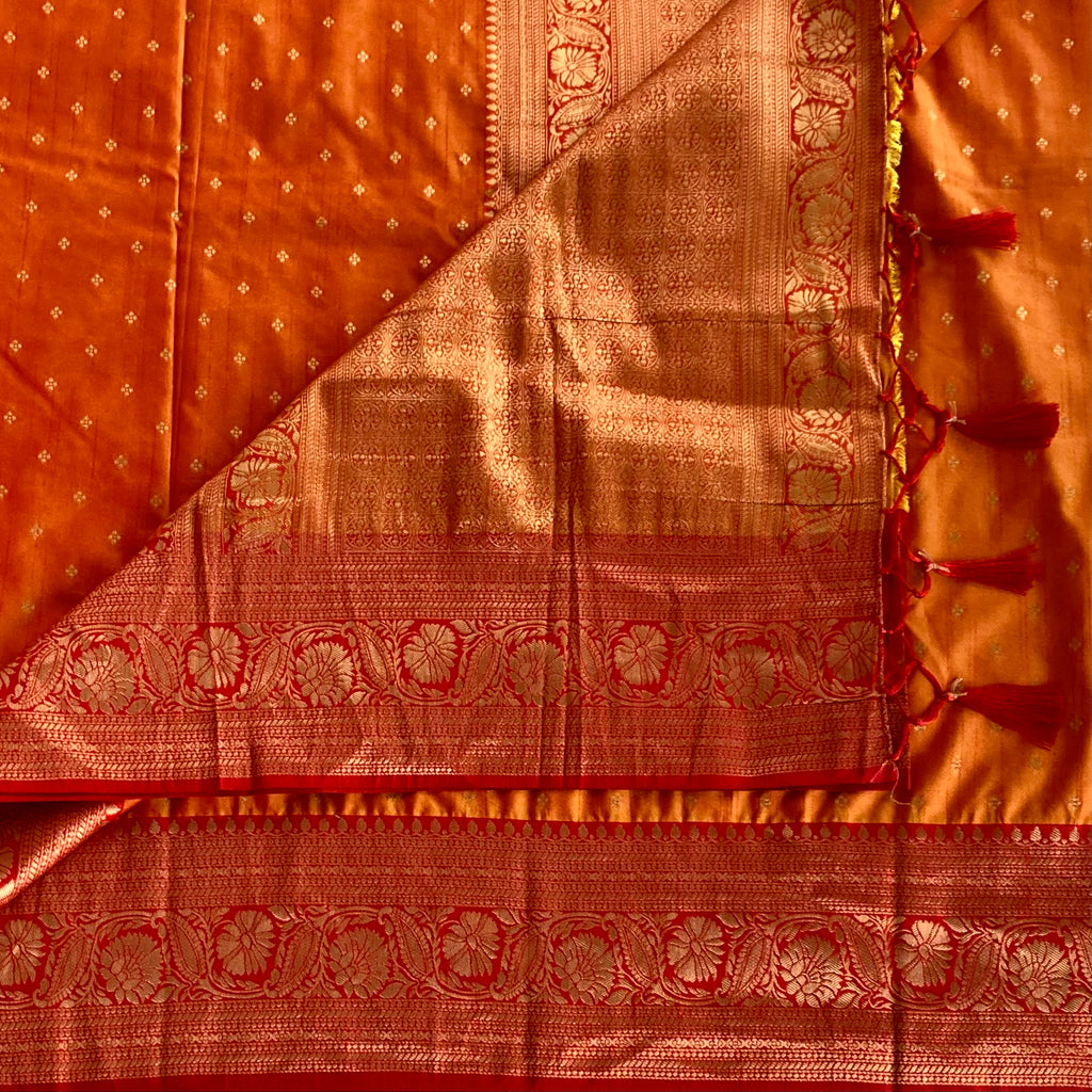 Tangerine Silk Saree Crimson Pallu Gold Zari Floral Border Tassel