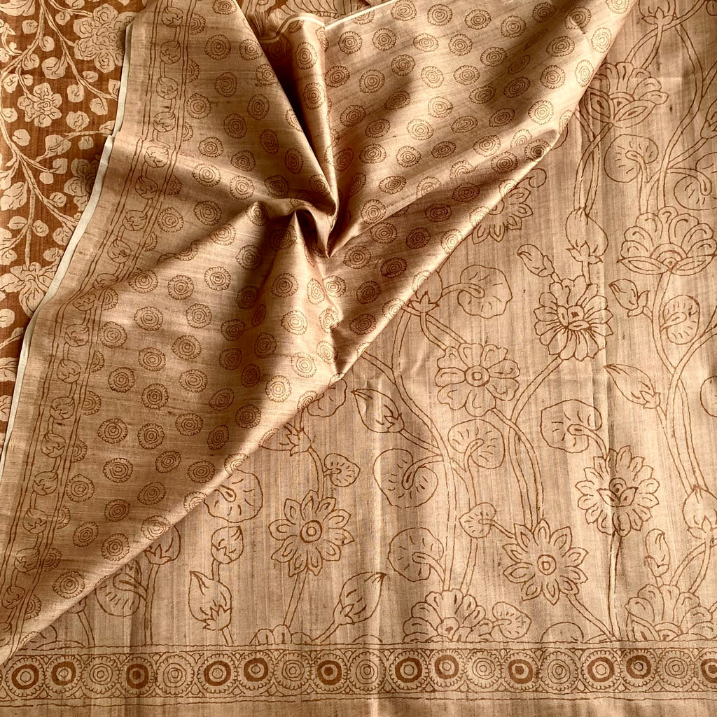 Light Tan Soft Tussar Silk Saree With Caramel Brown Motifs