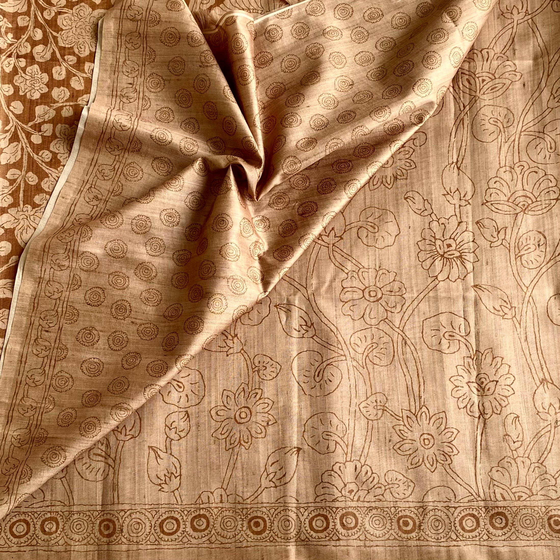 Light Tan Soft Tussar Silk Saree With Caramel Brown Motifs