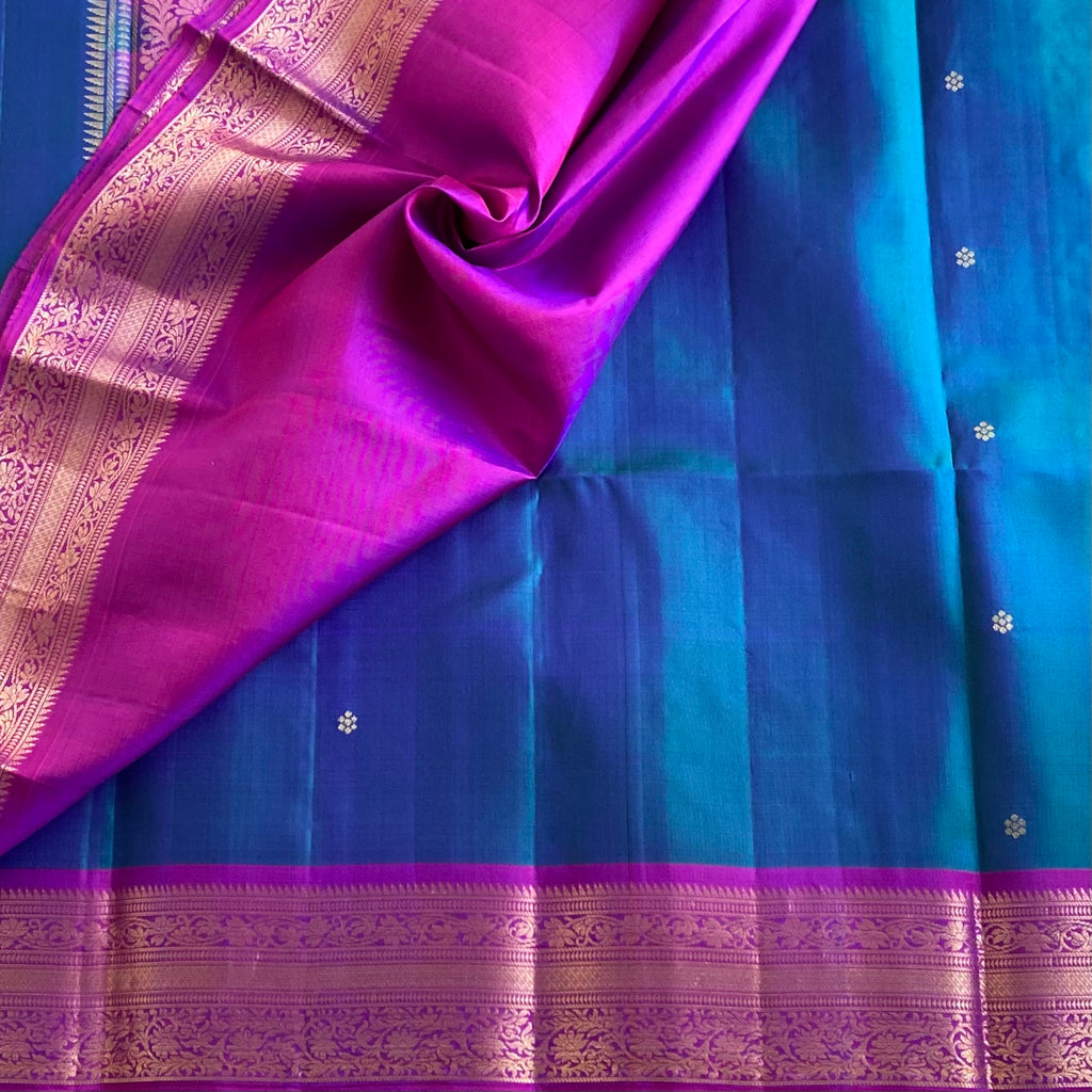 Peacock Blue Designer Pure Silk Saree With Fuchsia Purple Pallu