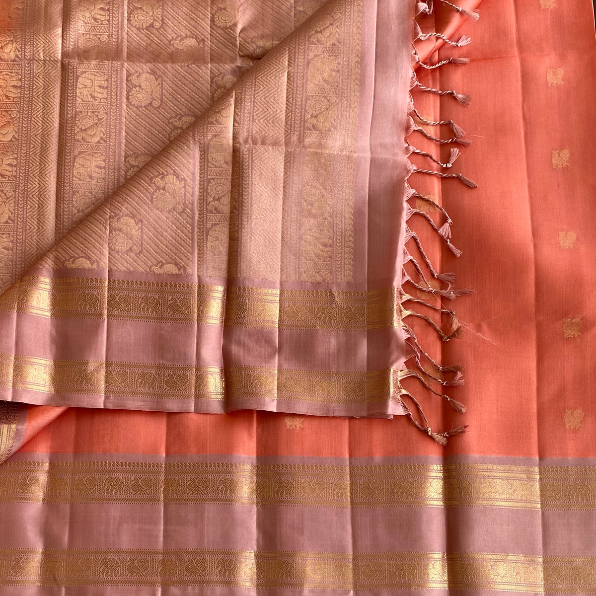 Coral Pink Designer Pure Silk Saree With Blush Pink Pallu