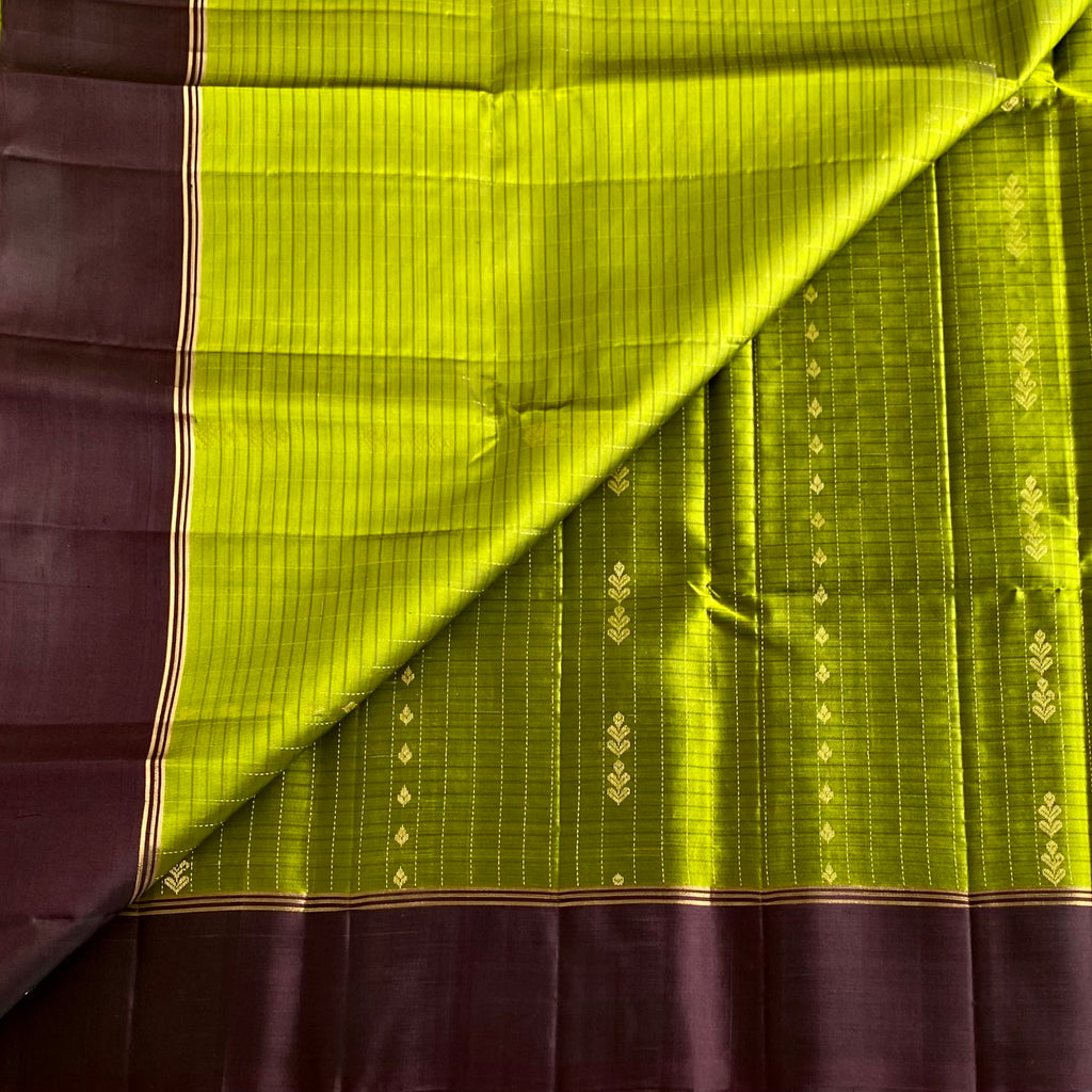 Olive Green Designer Pure Silk Saree With Chocolate BrownPallu