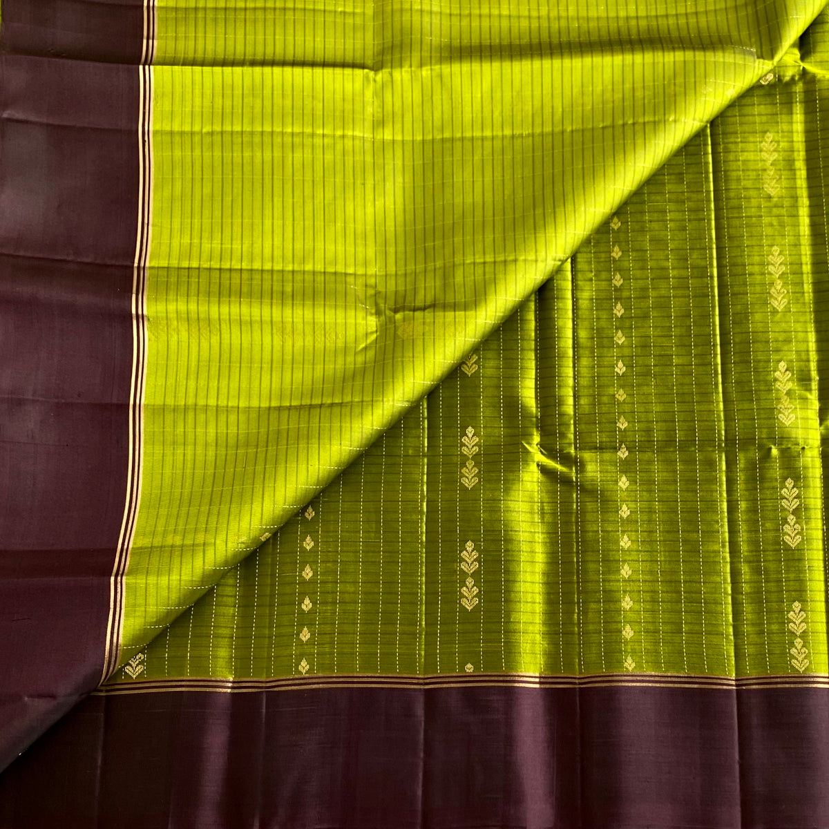 Olive Green Designer Pure Silk Saree With Chocolate BrownPallu