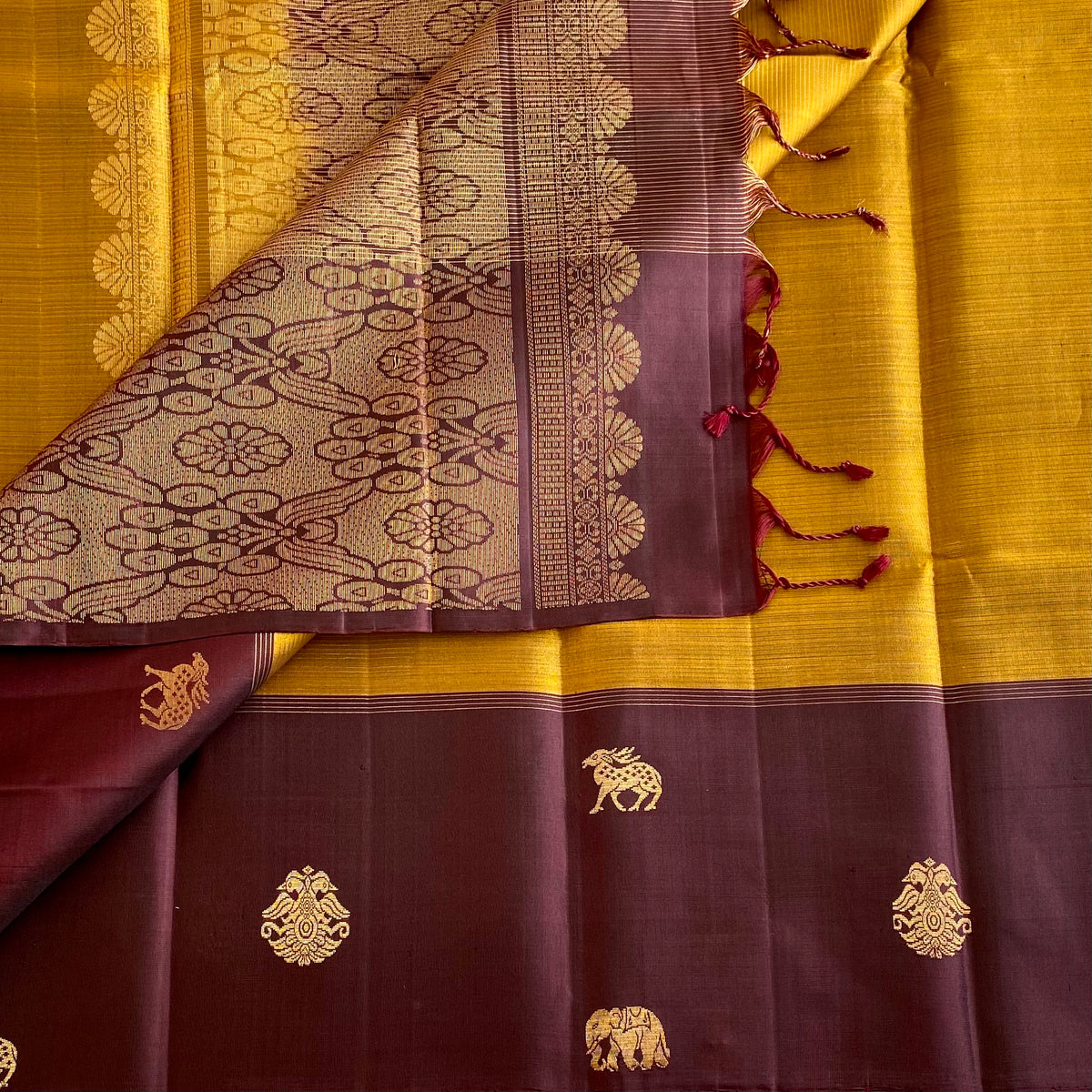 Mustard Yellow Designer Pure Silk Saree With Deep Plum Brown Pallu